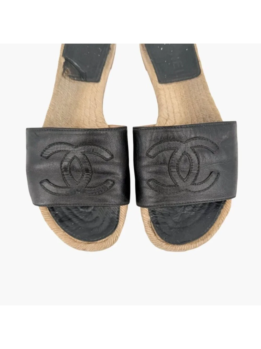 Chanel Black Leather CC Espadrille Slide Sandals Flats Size 38 US 7–7.5 Women's